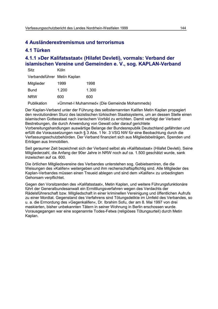 Seite 144 des Verfassungsschutzbericht 1999 Nordrhein-Westfalen