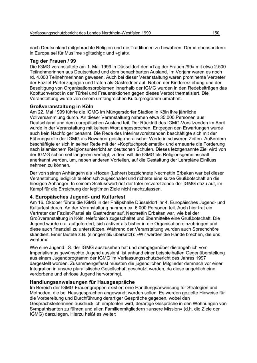 Seite 150 des Verfassungsschutzbericht 1999 Nordrhein-Westfalen