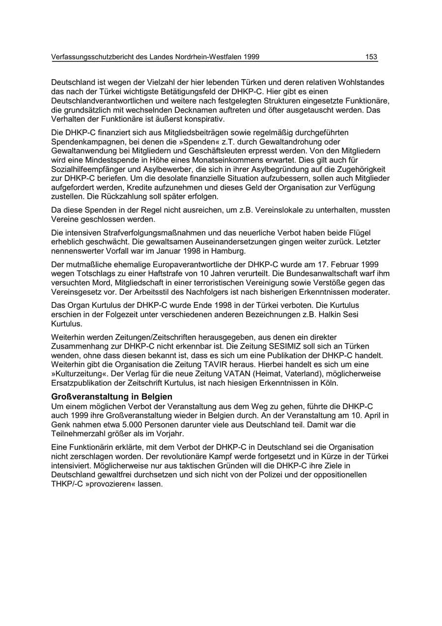 Seite 153 des Verfassungsschutzbericht 1999 Nordrhein-Westfalen