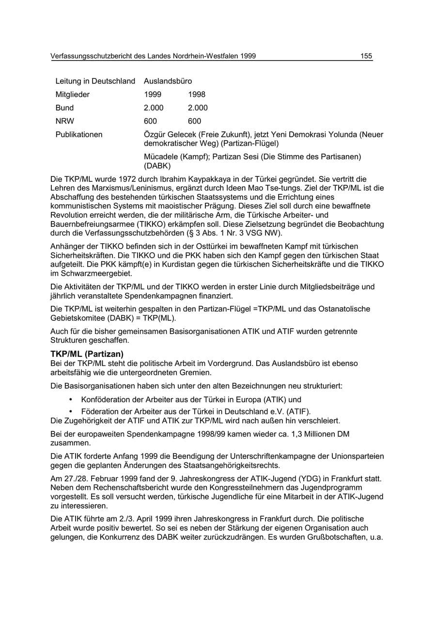Seite 155 des Verfassungsschutzbericht 1999 Nordrhein-Westfalen