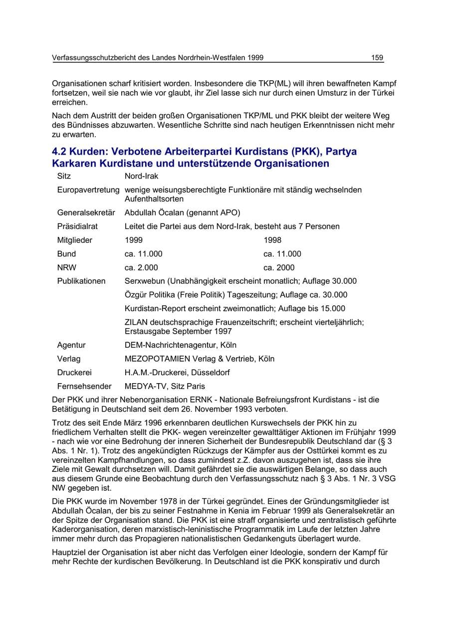 Seite 159 des Verfassungsschutzbericht 1999 Nordrhein-Westfalen