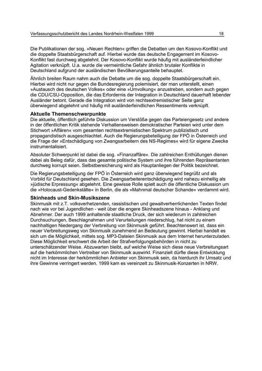Seite 18 des Verfassungsschutzbericht 1999 Nordrhein-Westfalen