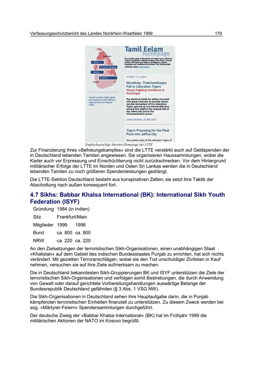 Seite 179 des Verfassungsschutzbericht 1999 Nordrhein-Westfalen