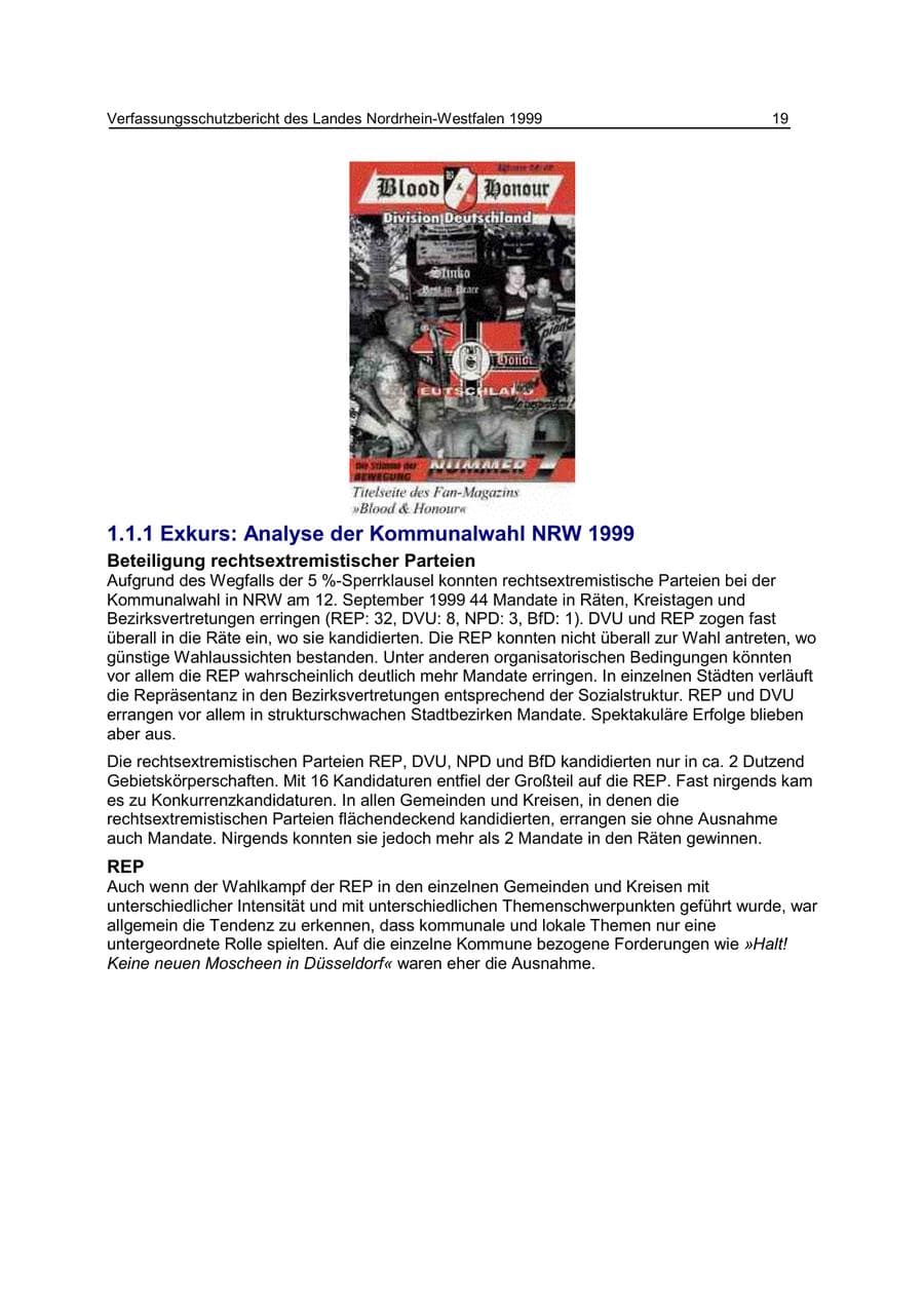 Seite 19 des Verfassungsschutzbericht 1999 Nordrhein-Westfalen