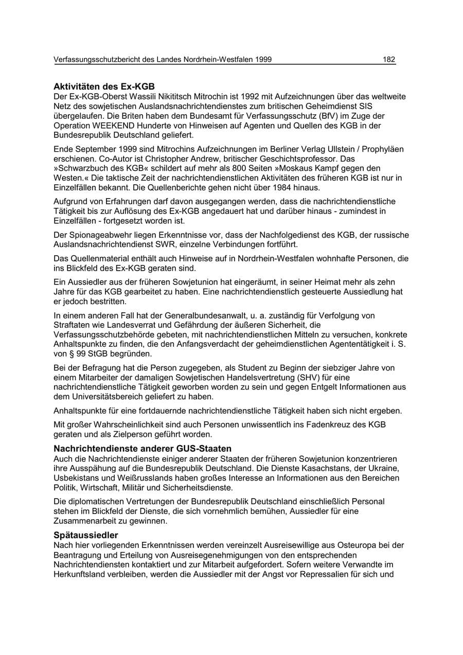 Seite 182 des Verfassungsschutzbericht 1999 Nordrhein-Westfalen