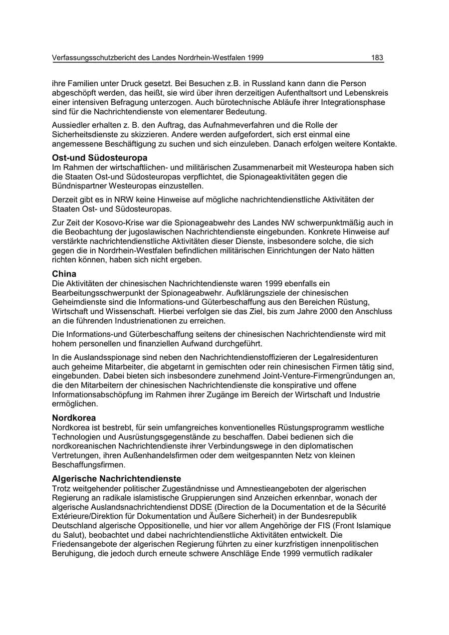 Seite 183 des Verfassungsschutzbericht 1999 Nordrhein-Westfalen
