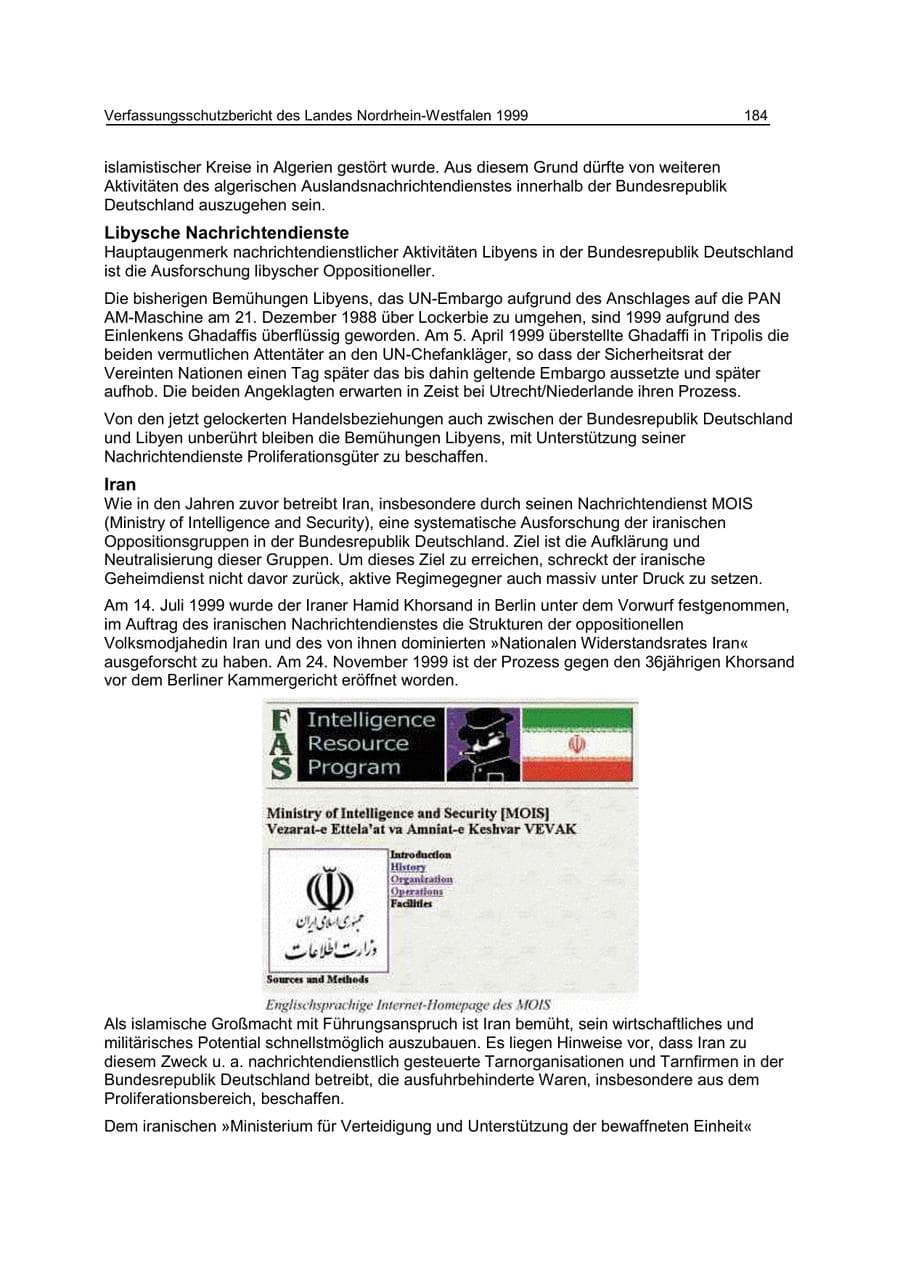 Seite 184 des Verfassungsschutzbericht 1999 Nordrhein-Westfalen