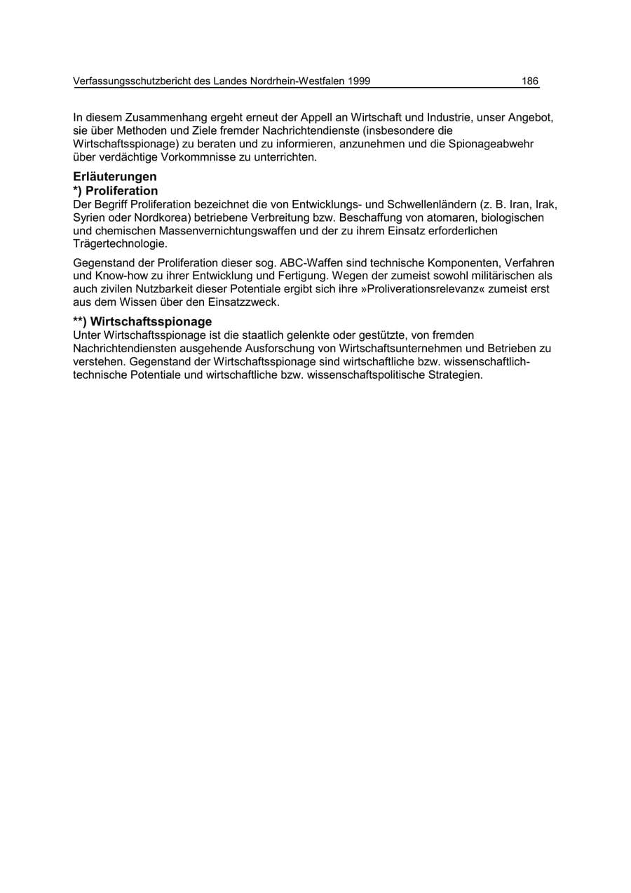 Seite 186 des Verfassungsschutzbericht 1999 Nordrhein-Westfalen