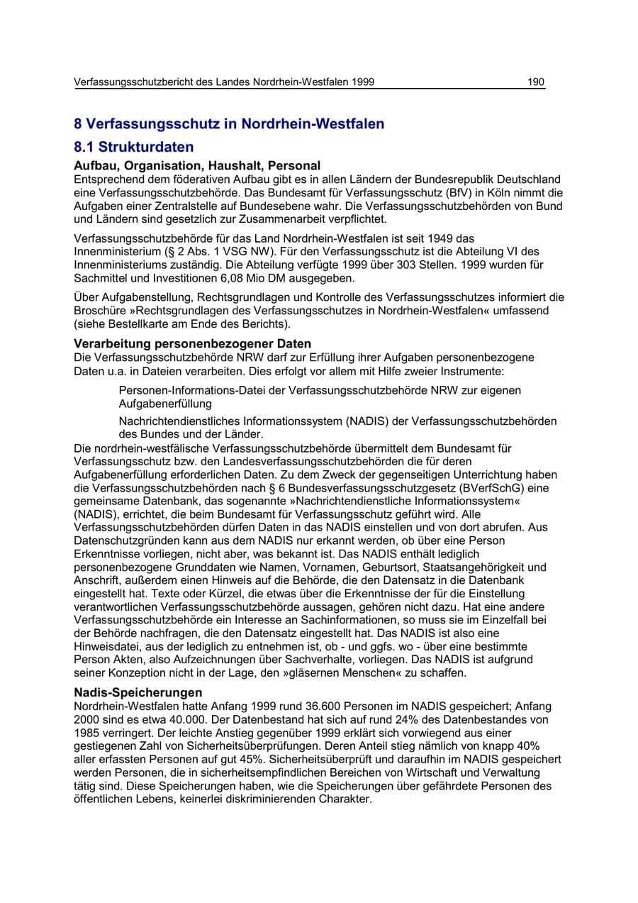 Seite 190 des Verfassungsschutzbericht 1999 Nordrhein-Westfalen