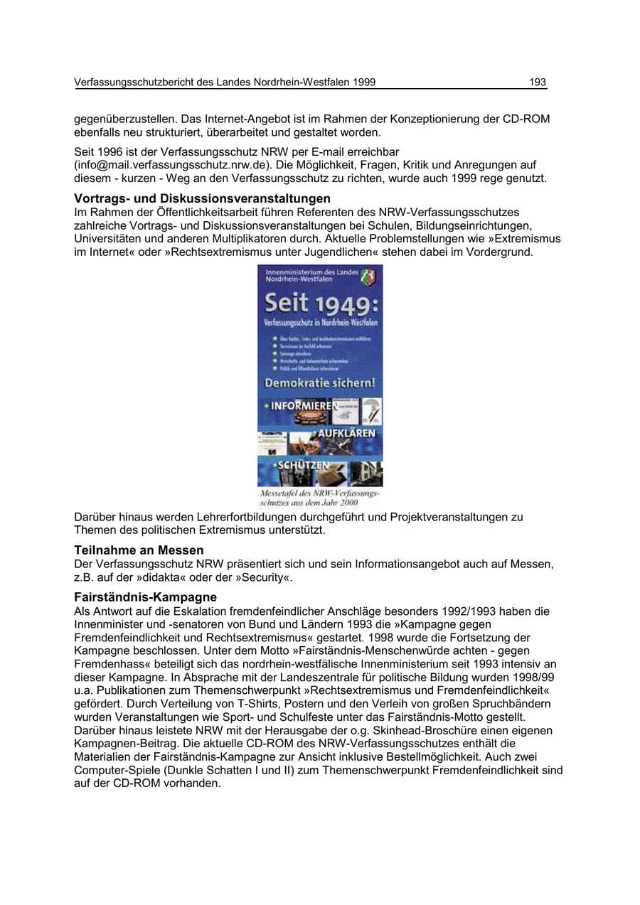Seite 193 des Verfassungsschutzbericht 1999 Nordrhein-Westfalen