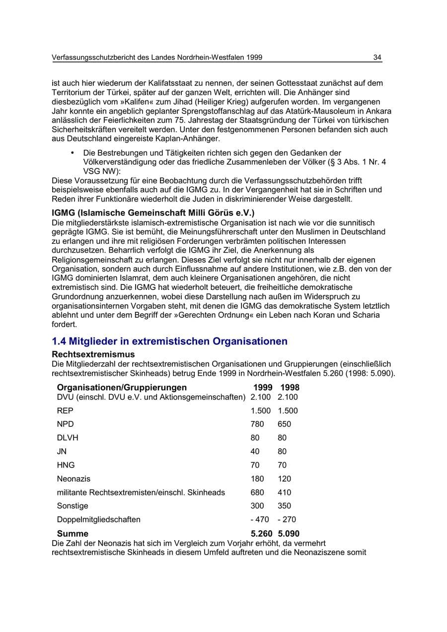 Seite 34 des Verfassungsschutzbericht 1999 Nordrhein-Westfalen