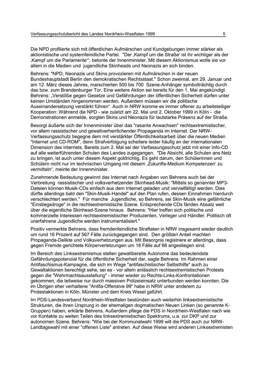 Seite 5 des Verfassungsschutzbericht 1999 Nordrhein-Westfalen