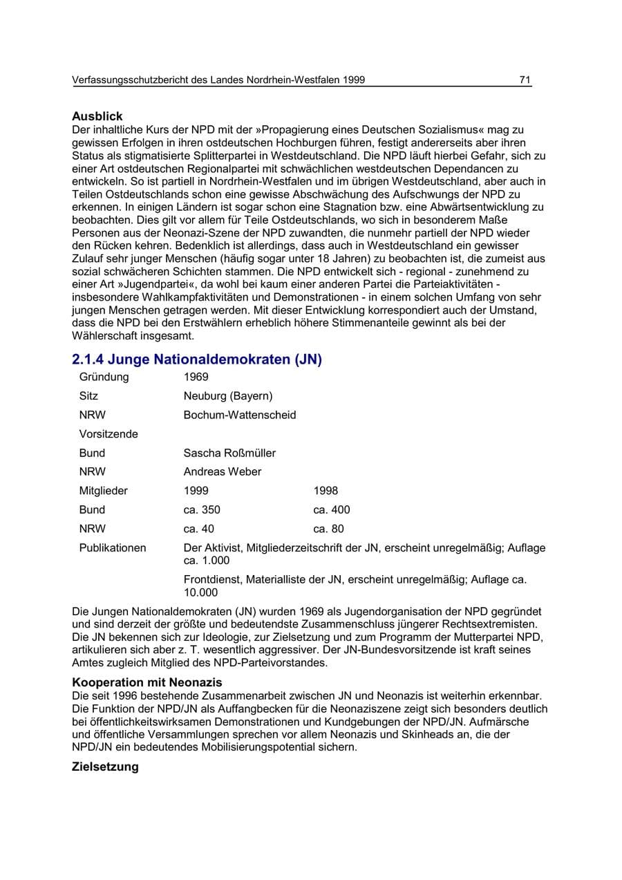 Seite 71 des Verfassungsschutzbericht 1999 Nordrhein-Westfalen