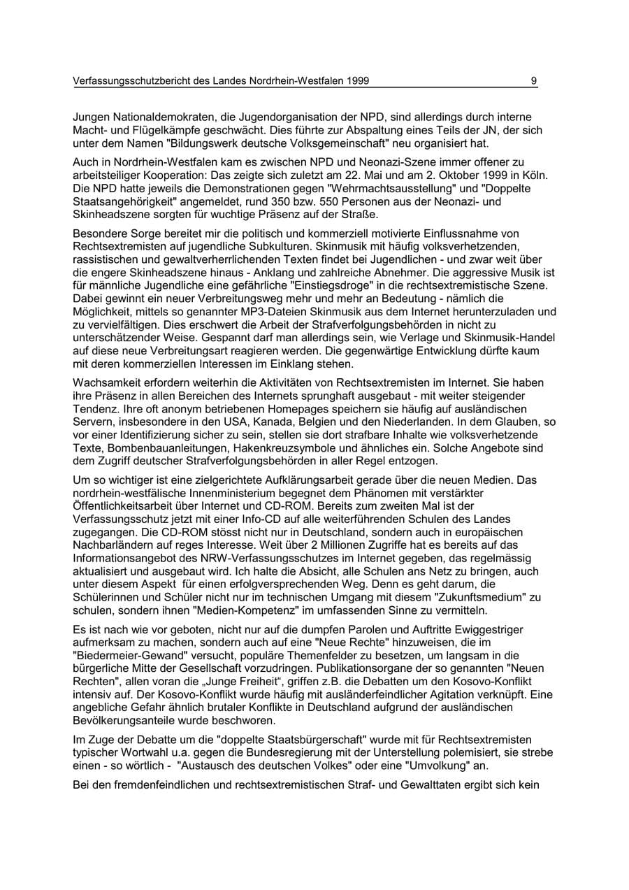 Seite 9 des Verfassungsschutzbericht 1999 Nordrhein-Westfalen