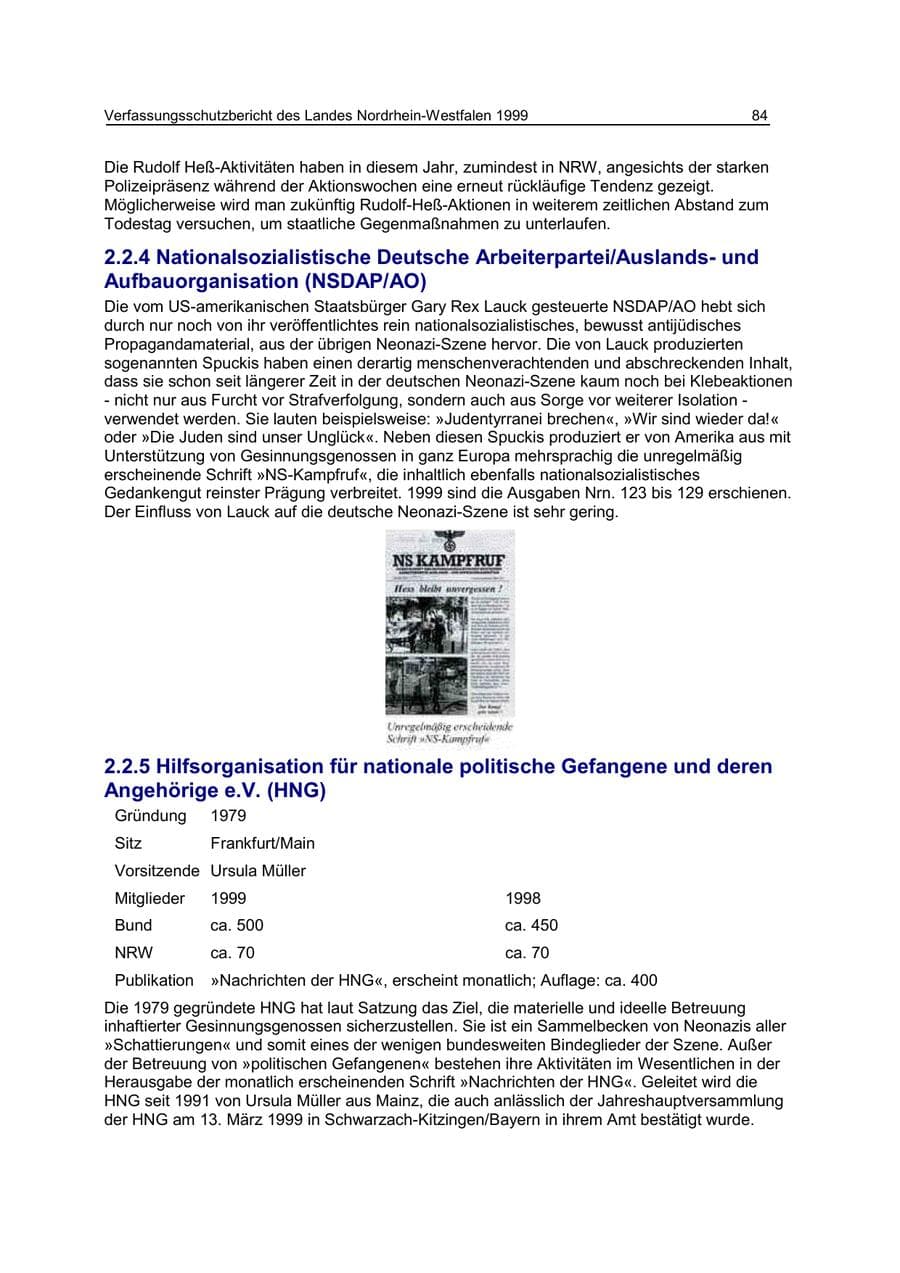 Seite 84 des Verfassungsschutzbericht 1999 Nordrhein-Westfalen
