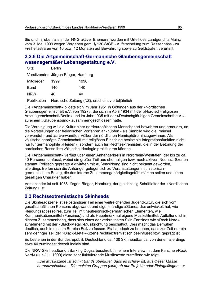 Seite 85 des Verfassungsschutzbericht 1999 Nordrhein-Westfalen
