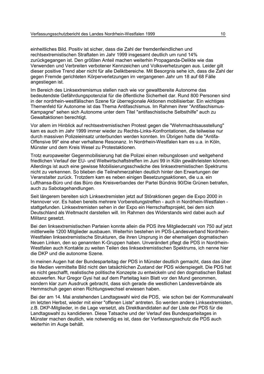 Seite 10 des Verfassungsschutzbericht 1999 Nordrhein-Westfalen