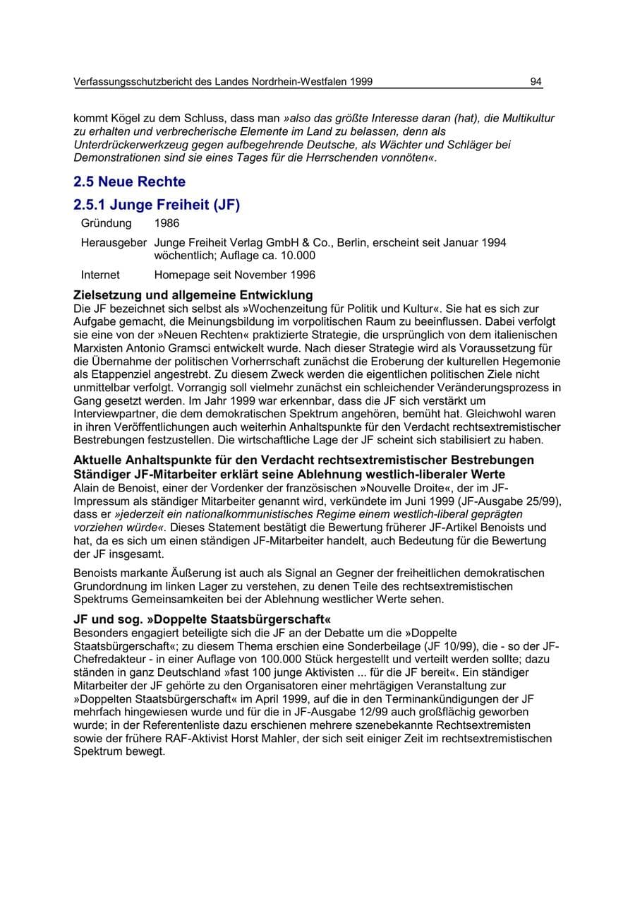 Seite 94 des Verfassungsschutzbericht 1999 Nordrhein-Westfalen