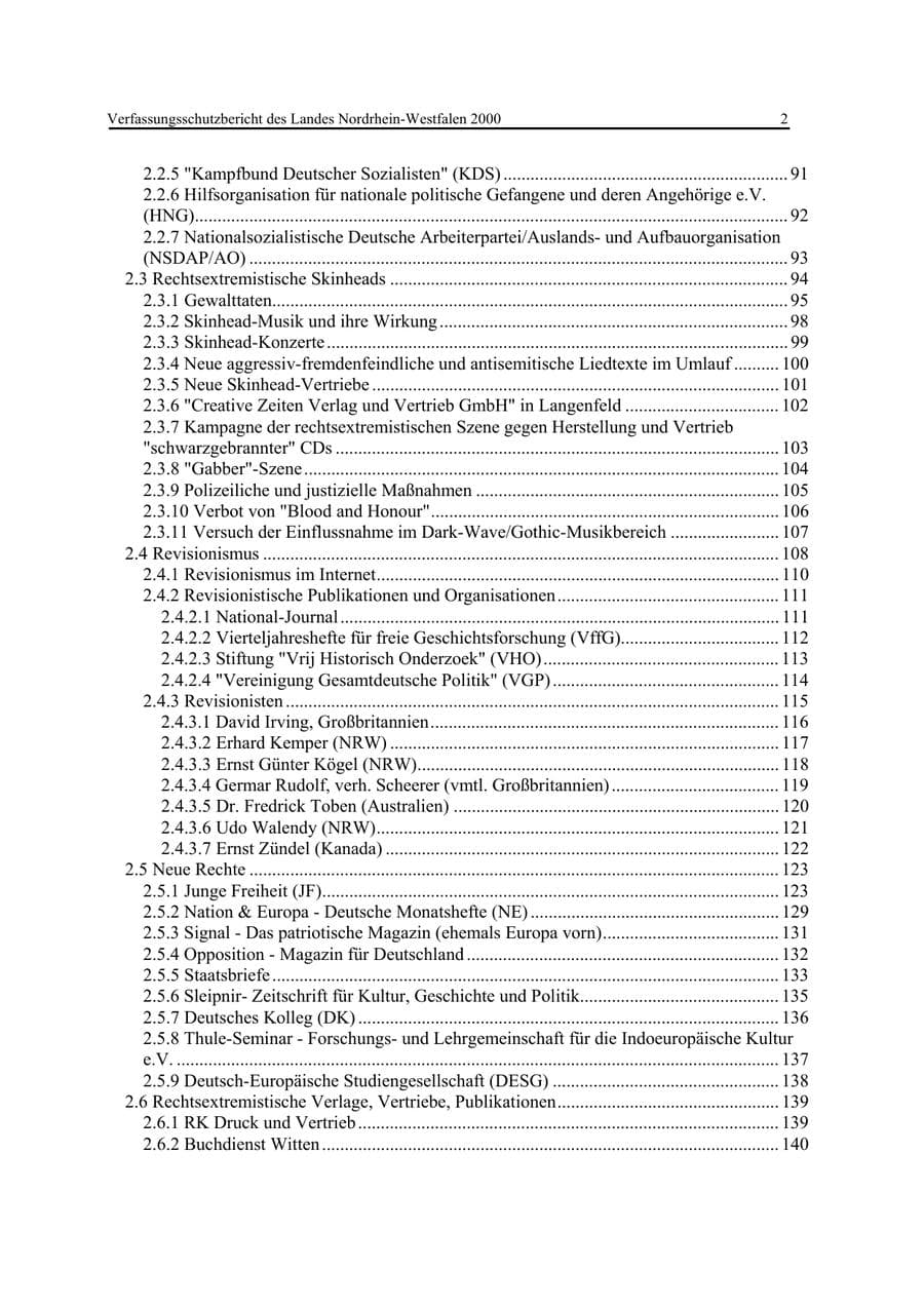 Seite 2 des Verfassungsschutzbericht 2000 Nordrhein-Westfalen