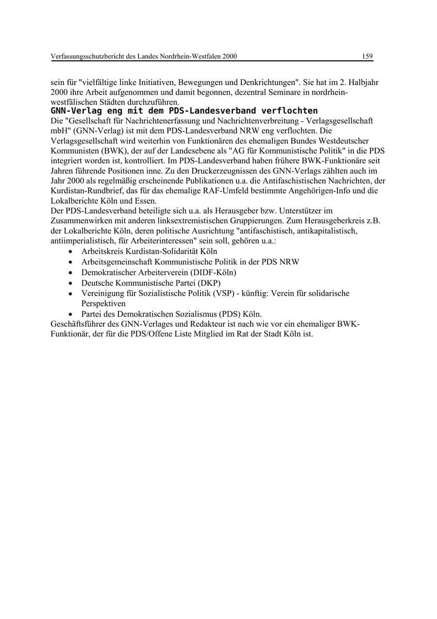 Seite 159 des Verfassungsschutzbericht 2000 Nordrhein-Westfalen