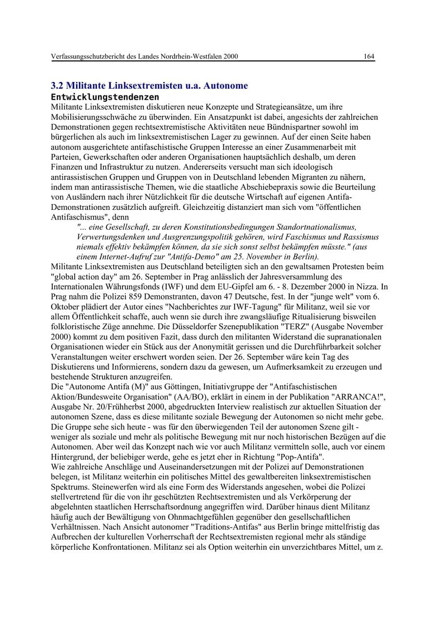 Seite 164 des Verfassungsschutzbericht 2000 Nordrhein-Westfalen
