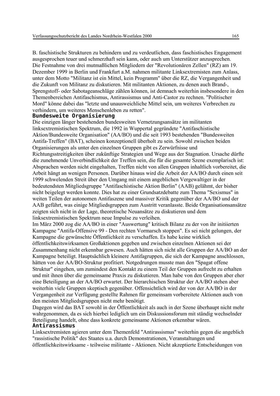 Seite 165 des Verfassungsschutzbericht 2000 Nordrhein-Westfalen