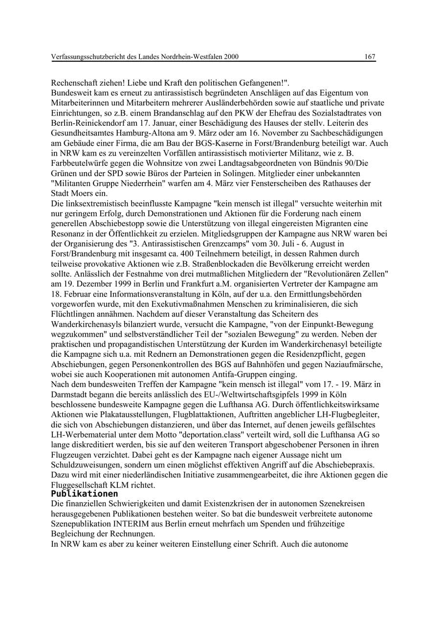 Seite 167 des Verfassungsschutzbericht 2000 Nordrhein-Westfalen