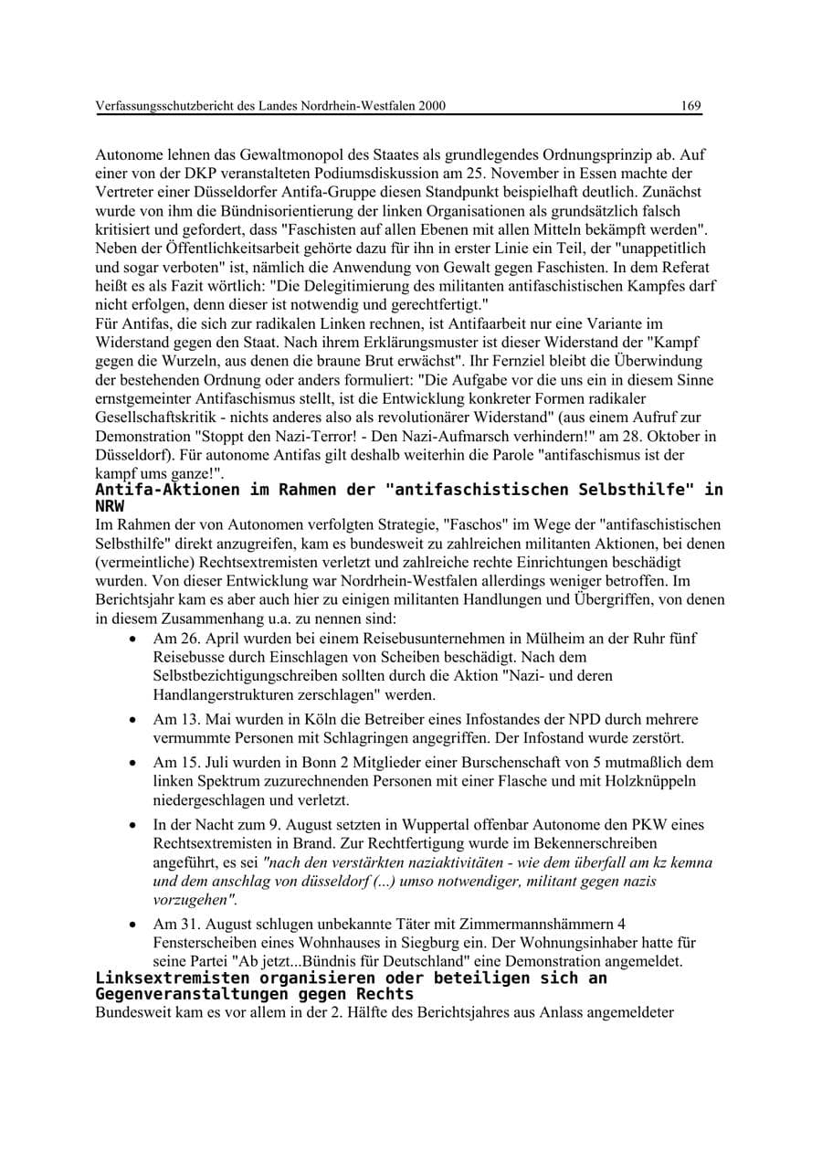 Seite 169 des Verfassungsschutzbericht 2000 Nordrhein-Westfalen