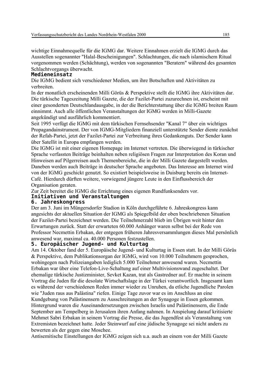 Seite 185 des Verfassungsschutzbericht 2000 Nordrhein-Westfalen