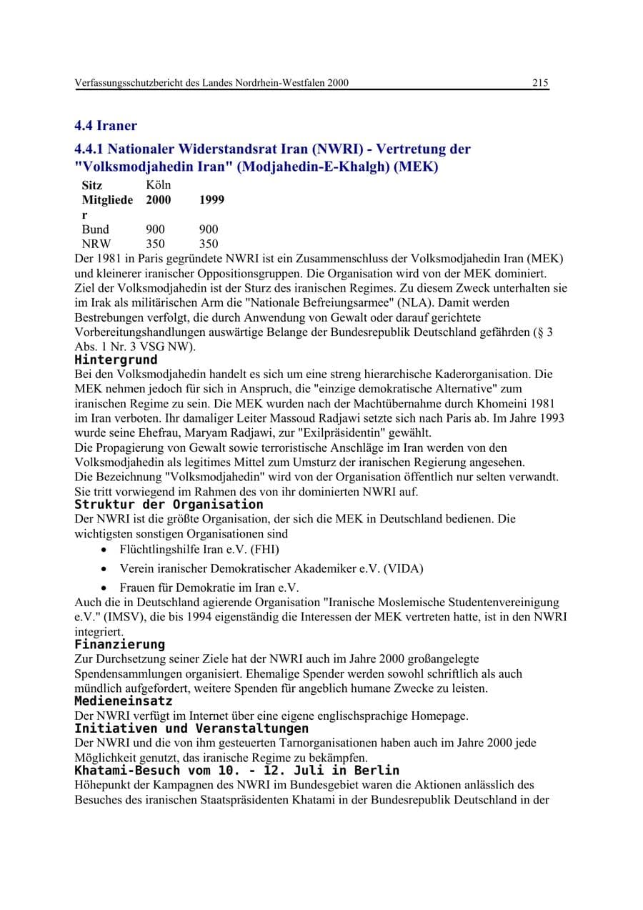 Seite 215 des Verfassungsschutzbericht 2000 Nordrhein-Westfalen