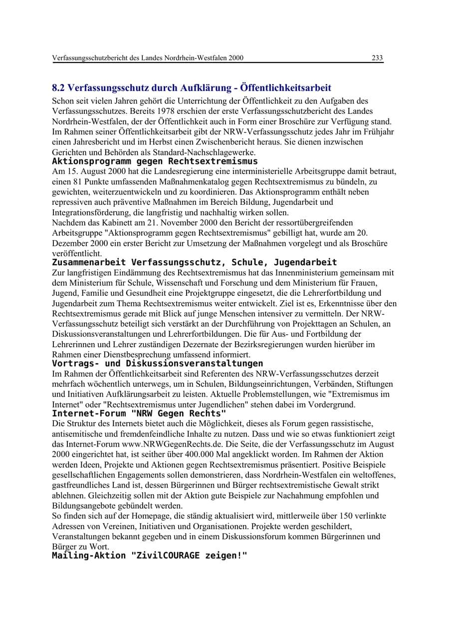 Seite 233 des Verfassungsschutzbericht 2000 Nordrhein-Westfalen