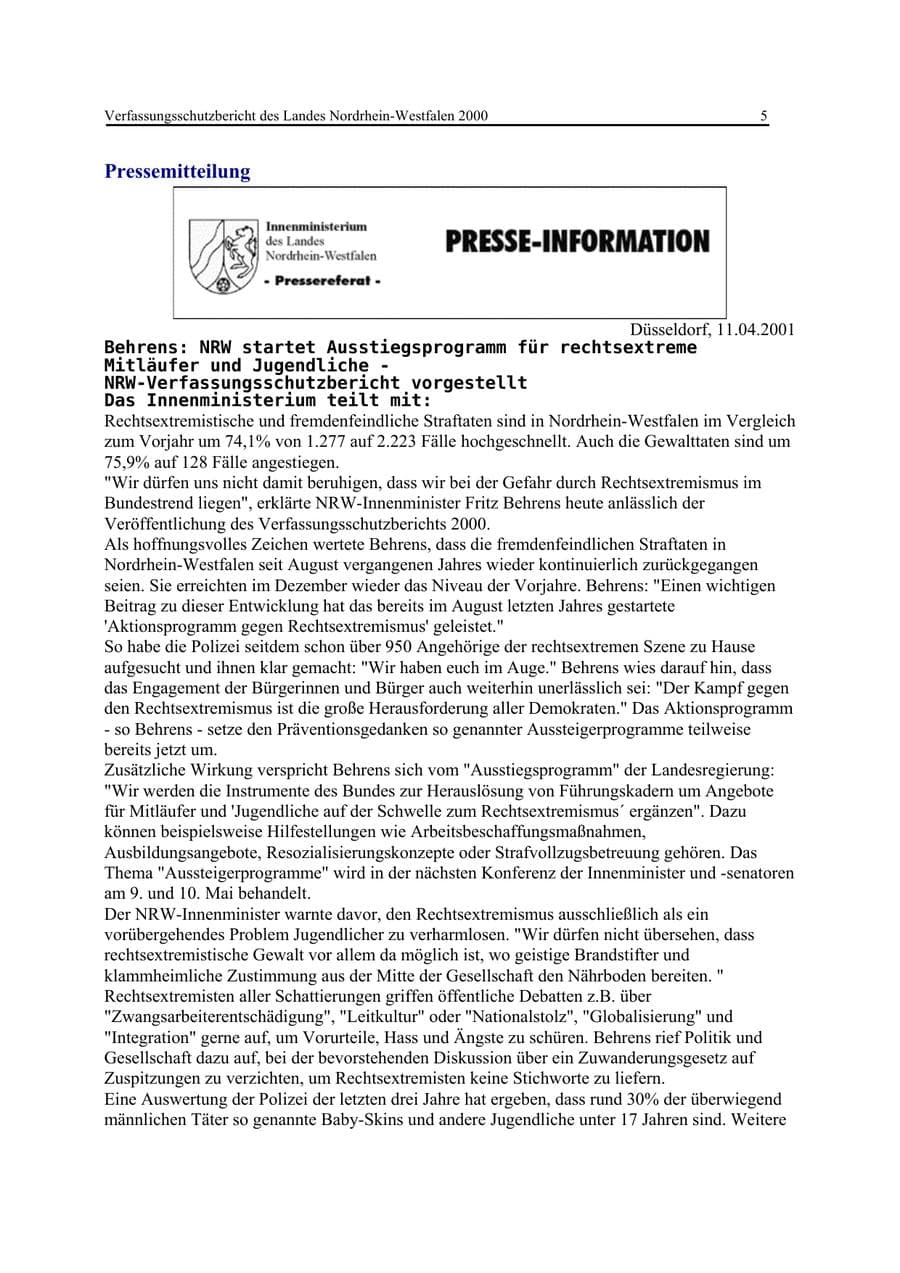 Seite 5 des Verfassungsschutzbericht 2000 Nordrhein-Westfalen