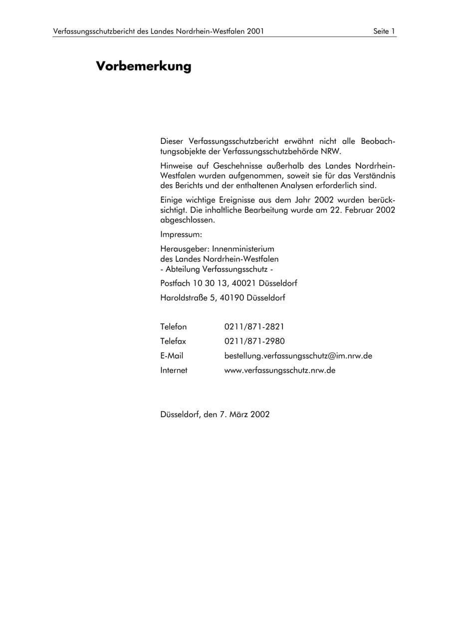 Seite 1 des Verfassungsschutzbericht 2001 Nordrhein-Westfalen