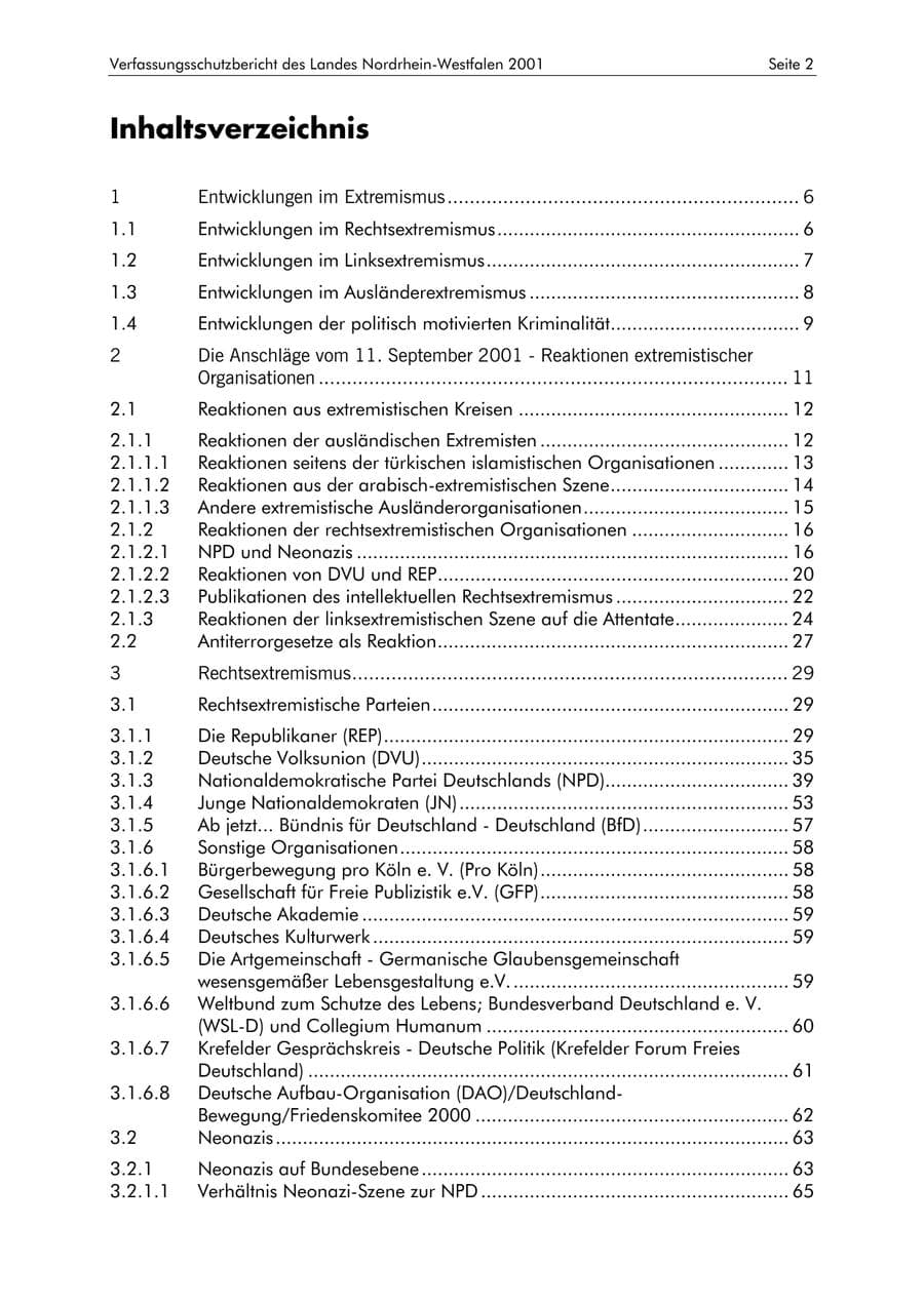 Seite 2 des Verfassungsschutzbericht 2001 Nordrhein-Westfalen