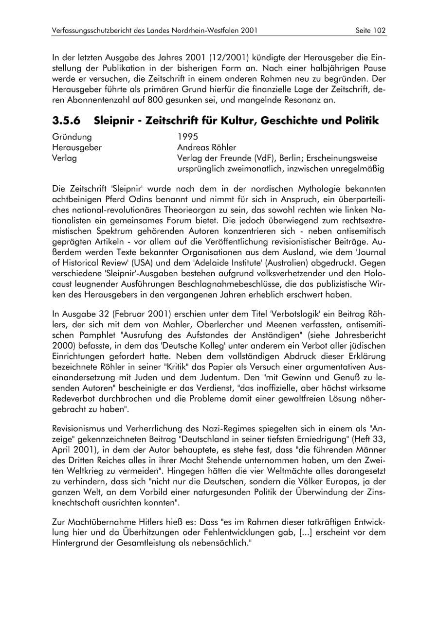 Seite 102 des Verfassungsschutzbericht 2001 Nordrhein-Westfalen
