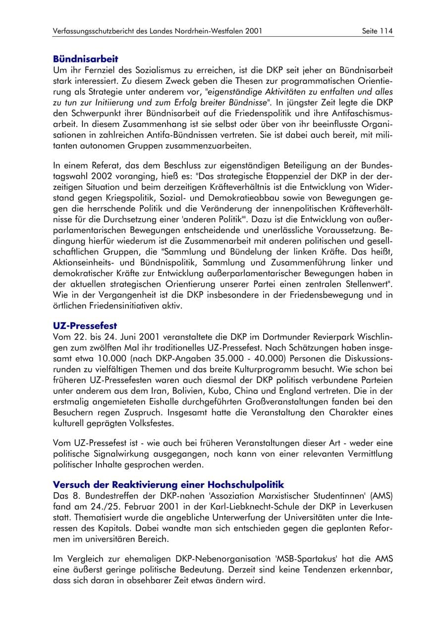 Seite 114 des Verfassungsschutzbericht 2001 Nordrhein-Westfalen