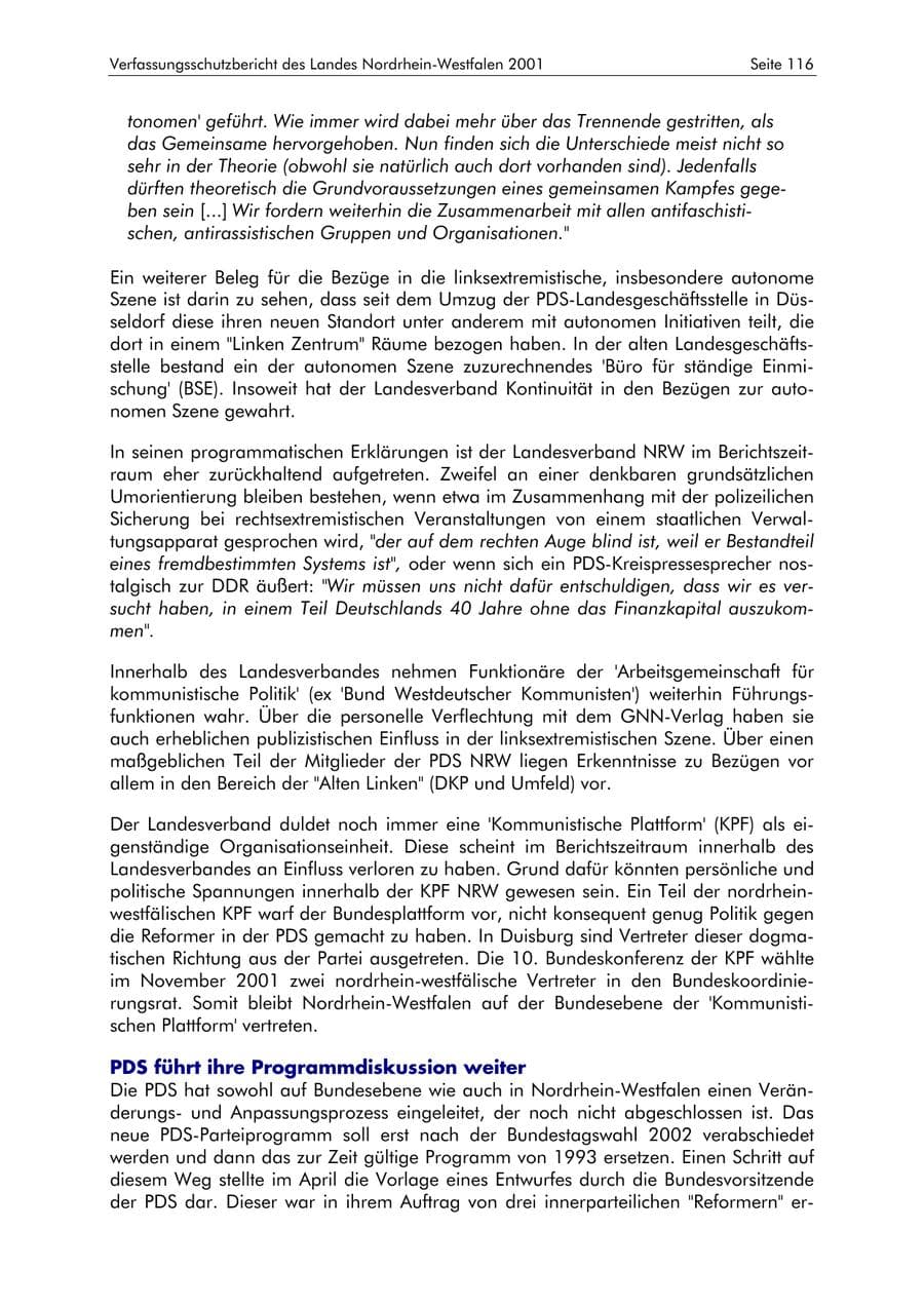 Seite 116 des Verfassungsschutzbericht 2001 Nordrhein-Westfalen