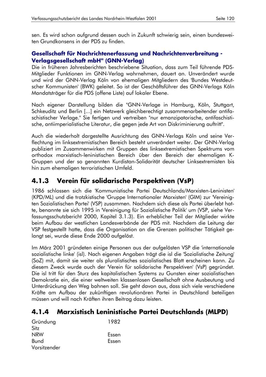 Seite 120 des Verfassungsschutzbericht 2001 Nordrhein-Westfalen
