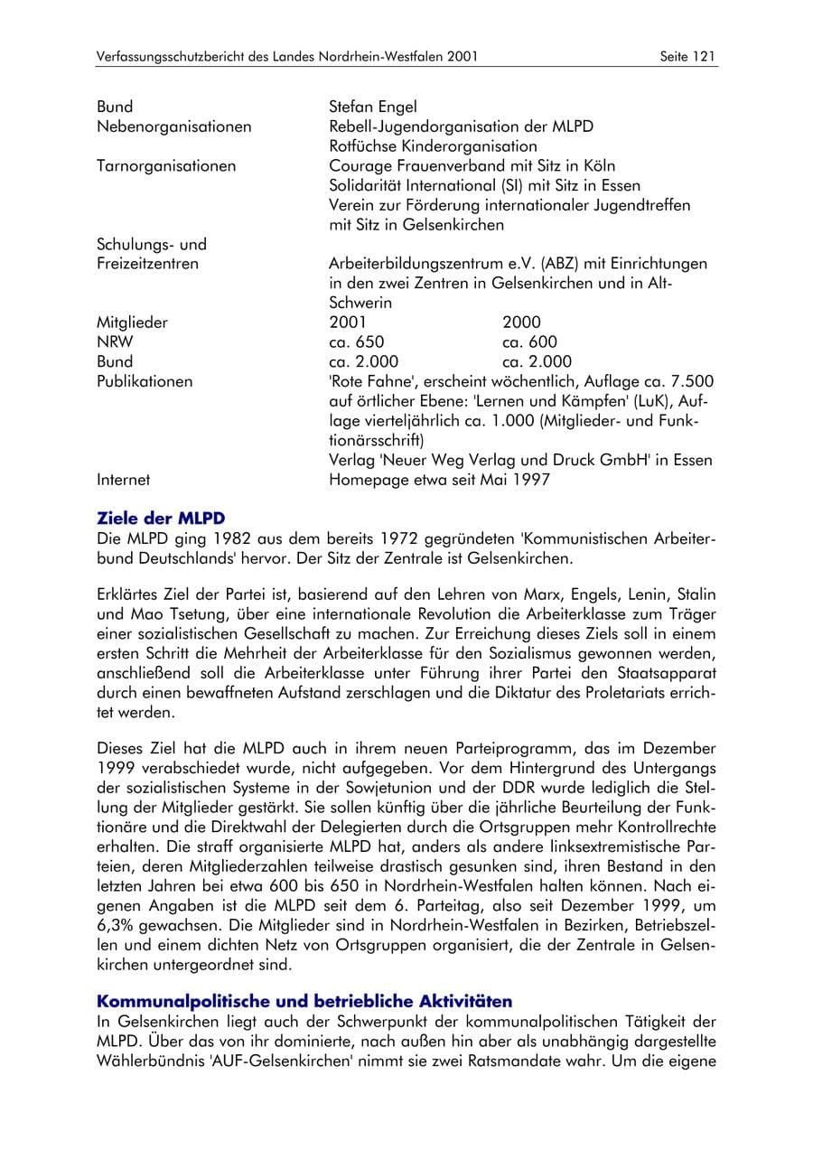 Seite 121 des Verfassungsschutzbericht 2001 Nordrhein-Westfalen