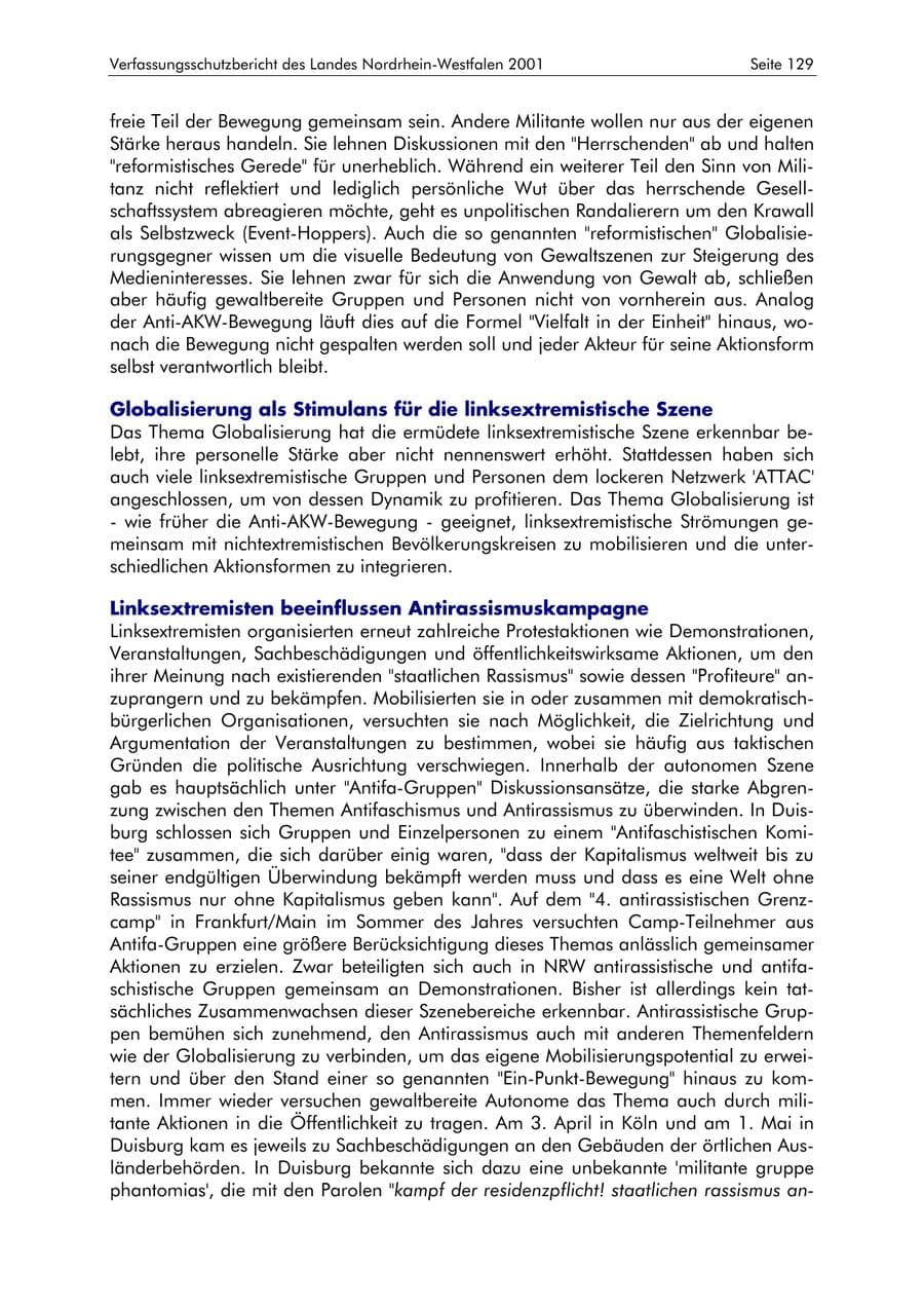 Seite 129 des Verfassungsschutzbericht 2001 Nordrhein-Westfalen
