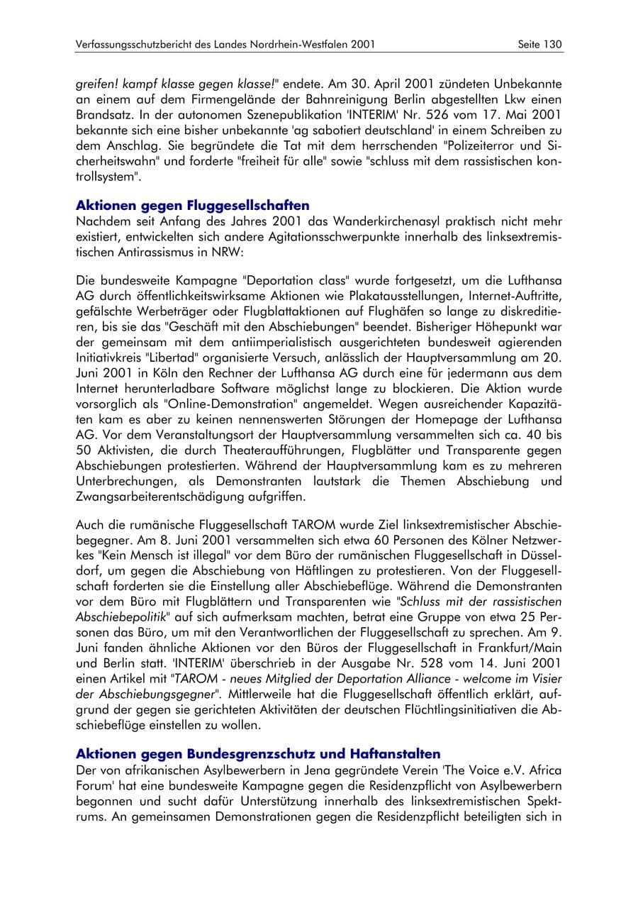 Seite 130 des Verfassungsschutzbericht 2001 Nordrhein-Westfalen