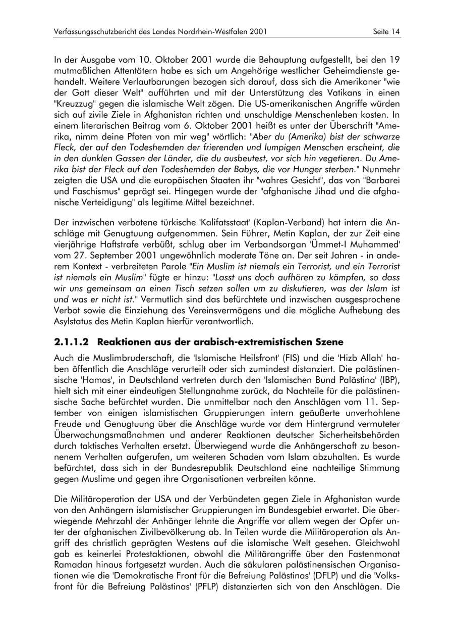 Seite 14 des Verfassungsschutzbericht 2001 Nordrhein-Westfalen
