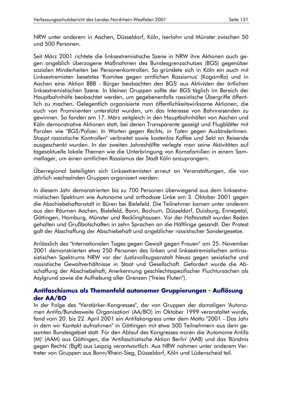 Seite 131 des Verfassungsschutzbericht 2001 Nordrhein-Westfalen