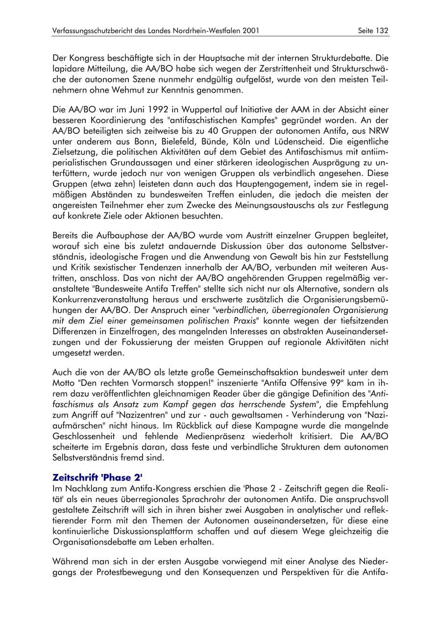Seite 132 des Verfassungsschutzbericht 2001 Nordrhein-Westfalen