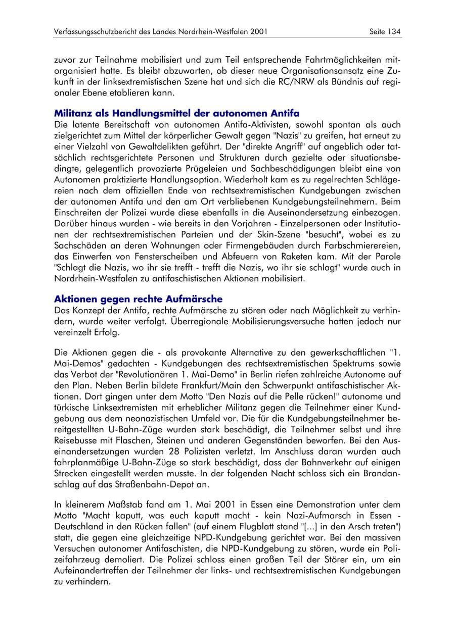 Seite 134 des Verfassungsschutzbericht 2001 Nordrhein-Westfalen