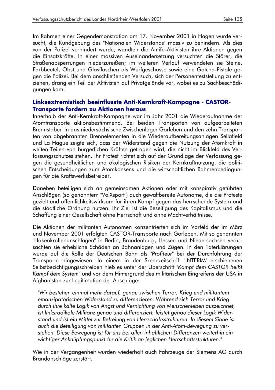 Seite 135 des Verfassungsschutzbericht 2001 Nordrhein-Westfalen