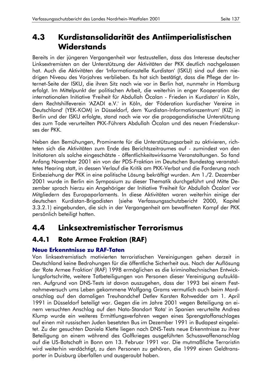Seite 137 des Verfassungsschutzbericht 2001 Nordrhein-Westfalen