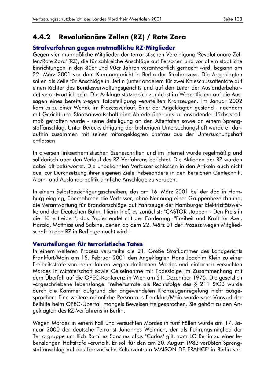 Seite 138 des Verfassungsschutzbericht 2001 Nordrhein-Westfalen