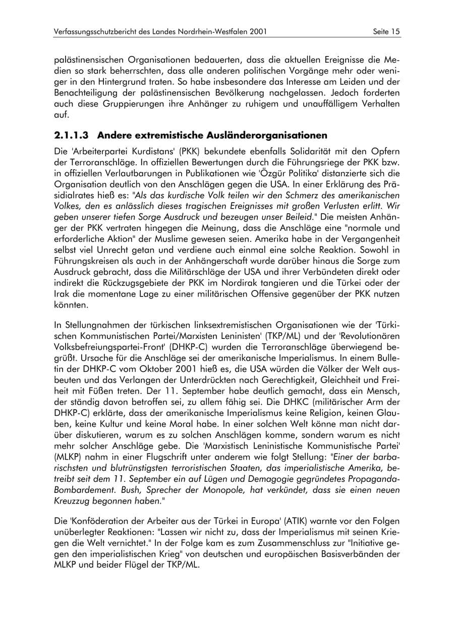 Seite 15 des Verfassungsschutzbericht 2001 Nordrhein-Westfalen