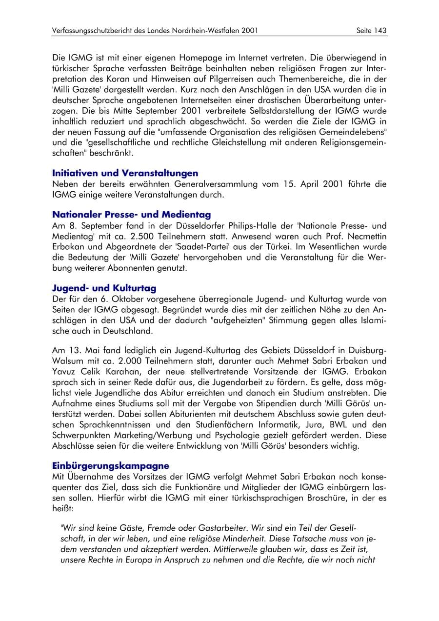 Seite 143 des Verfassungsschutzbericht 2001 Nordrhein-Westfalen